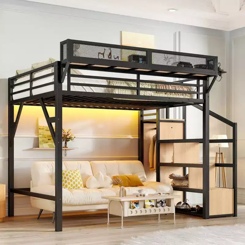 Lit mezzanine double avec escalier de rangement, armoire et étagères intégrées, cadre en métal, ports USB, lumières LED, conception anti-bruit, bois naturel