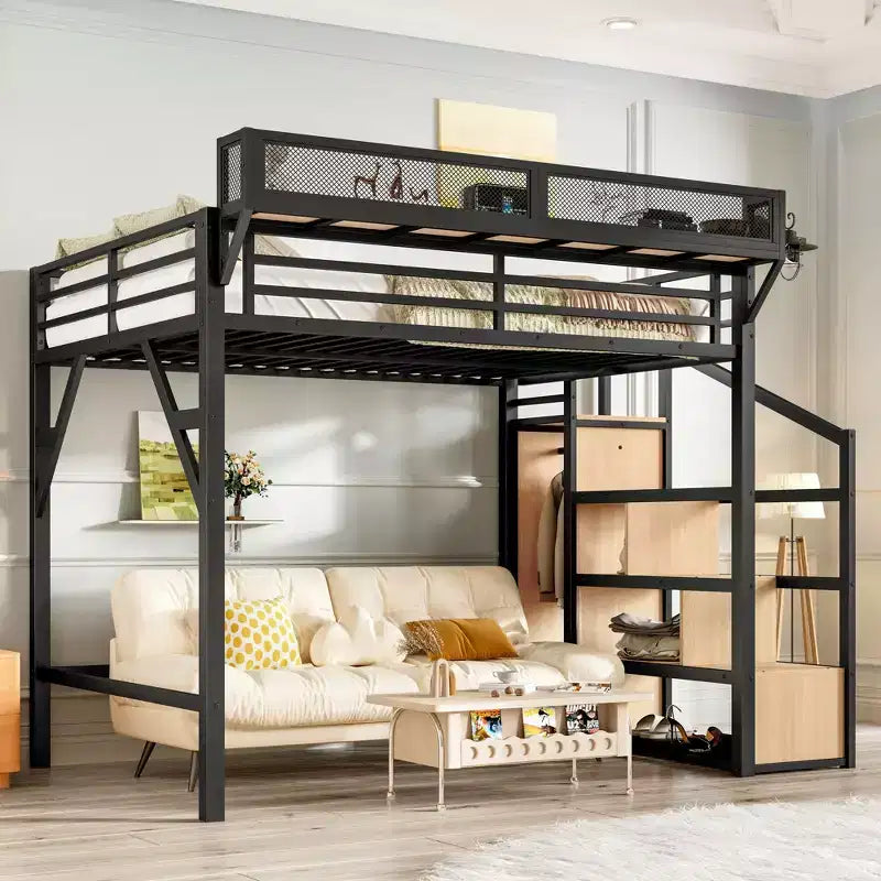Lit mezzanine double avec escalier de rangement, armoire et étagères intégrées, cadre en métal, ports USB, lumières LED, conception anti-bruit, bois naturel
