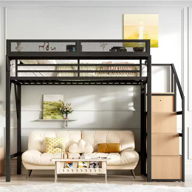Lit mezzanine double avec escalier de rangement, armoire et étagères intégrées, cadre en métal, ports USB, lumières LED, conception anti-bruit, bois naturel