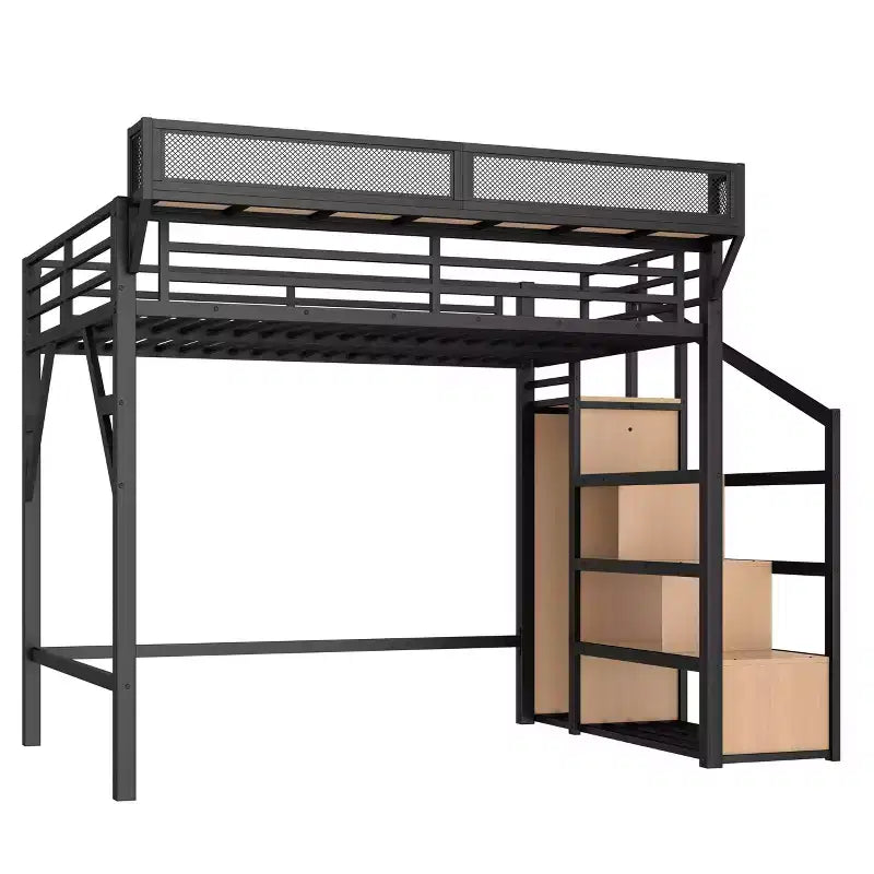 Lit mezzanine double avec escalier de rangement, armoire et étagères intégrées, cadre en métal, ports USB, lumières LED, conception anti-bruit, bois naturel