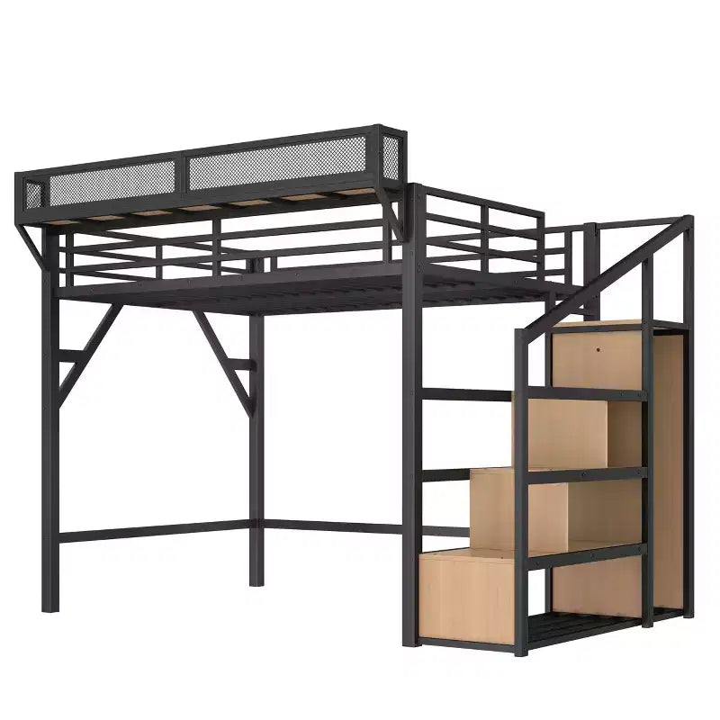 Lit mezzanine double avec escalier de rangement, armoire et étagères intégrées, cadre en métal, ports USB, lumières LED, conception anti-bruit, bois naturel
