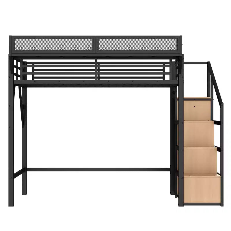 Lit mezzanine double avec escalier de rangement, armoire et étagères intégrées, cadre en métal, ports USB, lumières LED, conception anti-bruit, bois naturel