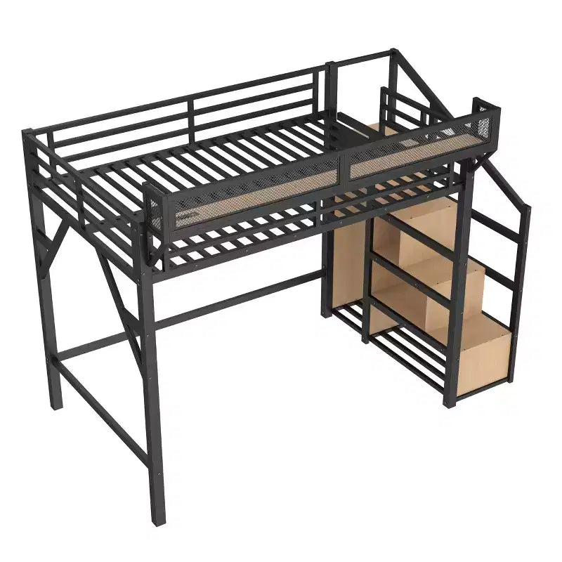 Lit mezzanine double avec escalier de rangement, armoire et étagères intégrées, cadre en métal, ports USB, lumières LED, conception anti-bruit, bois naturel