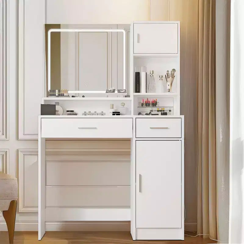 Okak Vanity Desk with Large Rectangular Mirror Makeup Vanity with 3 Level Storage Dresser Compact Vanity for Bedroom Vanity Room