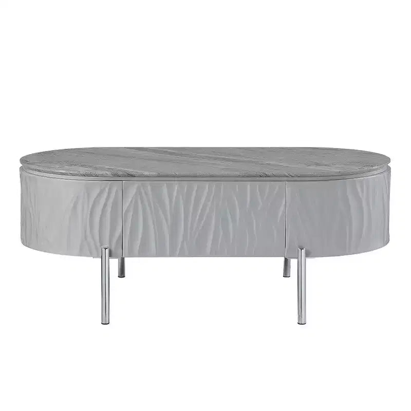 Table basse gris laqué et métal chromé, bois gris 120 cm