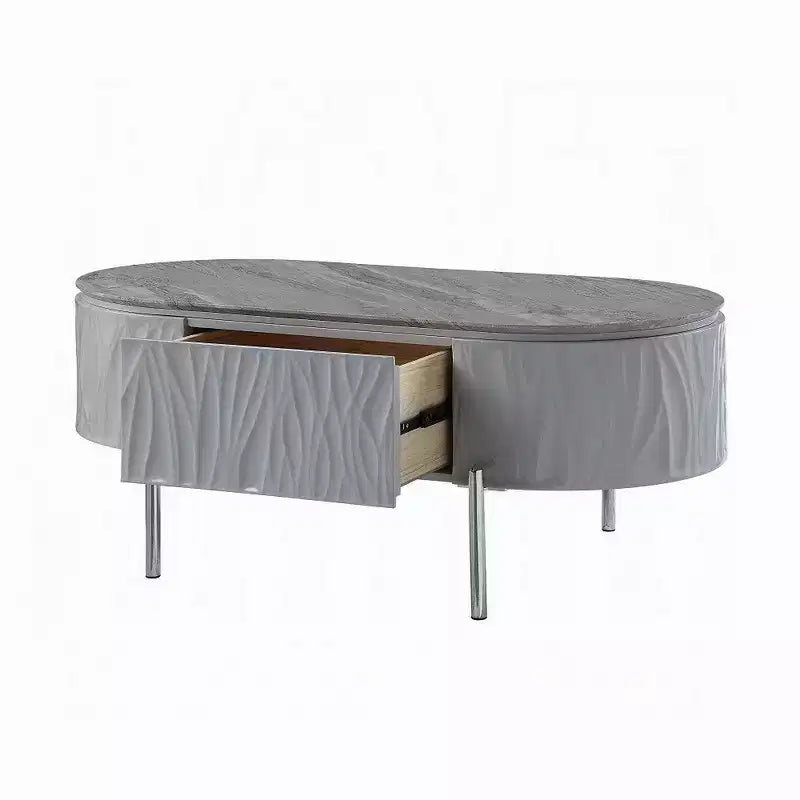 Table basse gris laqué et métal chromé, bois gris 120 cm