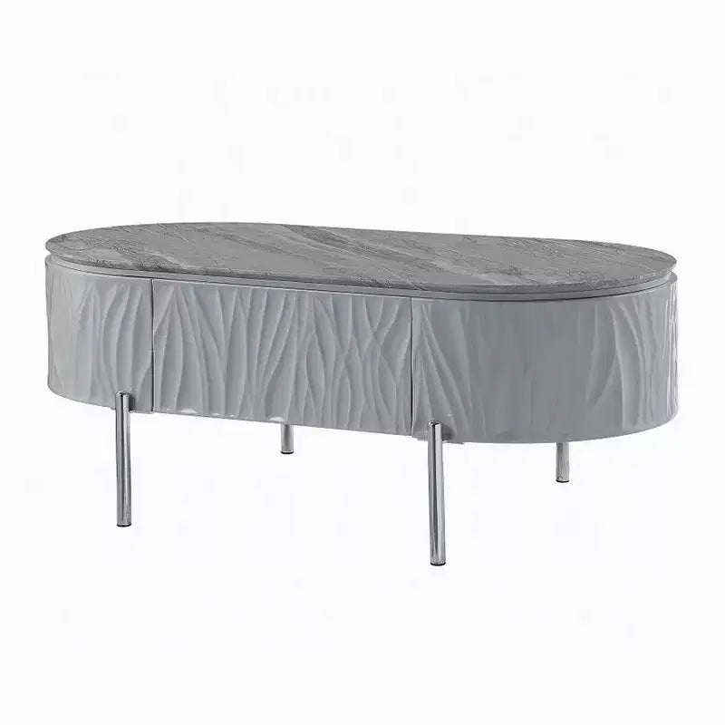 Table basse gris laqué et métal chromé, bois gris 120 cm