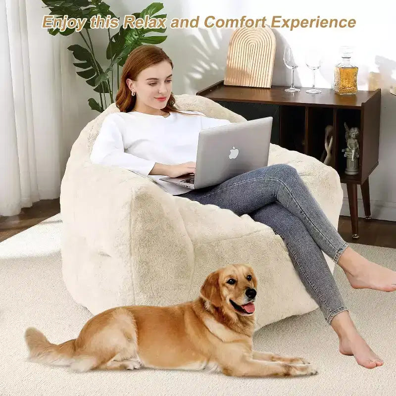 Pouf en fausse fourrure pour adultes et enfants, canapé rembourré de mousse haute densité avec accoudoirs pour salon, salle de jeux et dortoir