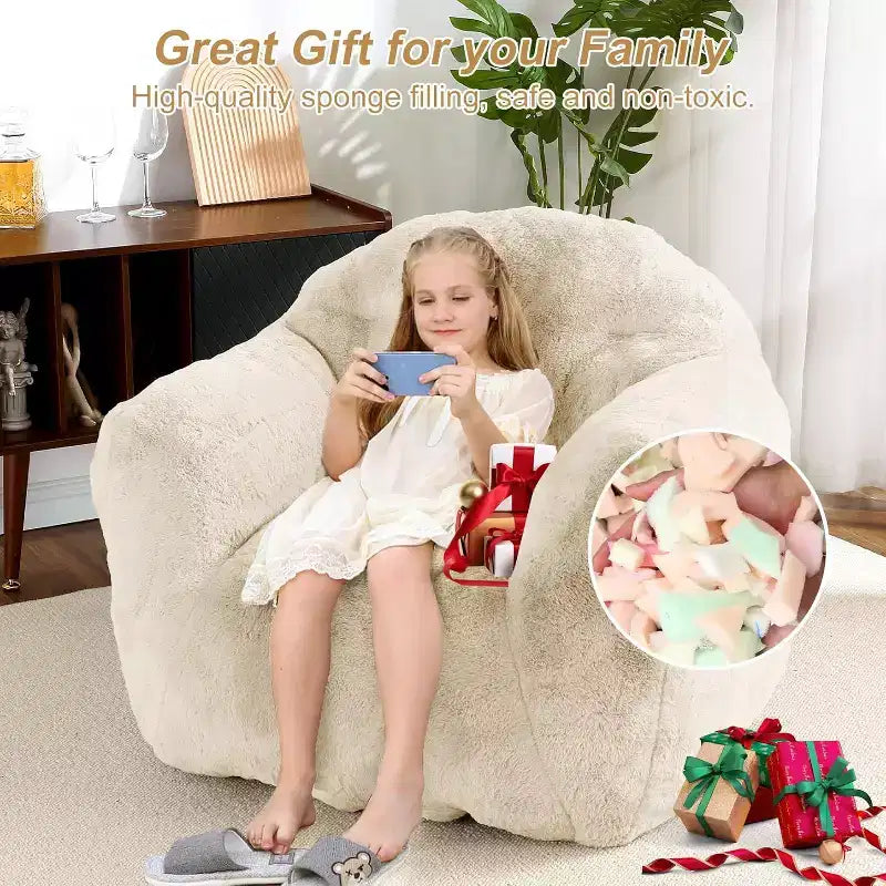 Pouf en fausse fourrure pour adultes et enfants, canapé rembourré de mousse haute densité avec accoudoirs pour salon, salle de jeux et dortoir