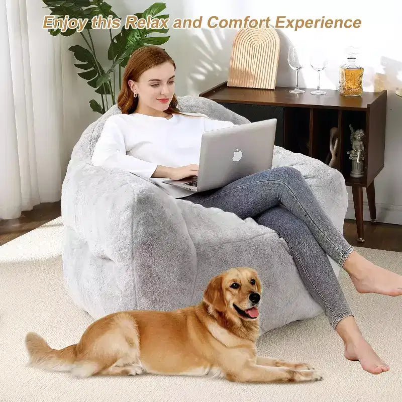 Pouf en fausse fourrure pour adultes et enfants, canapé rembourré de mousse haute densité avec accoudoirs pour salon, salle de jeux et dortoir