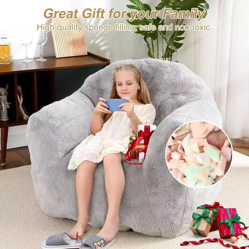 Pouf en fausse fourrure pour adultes et enfants, canapé rembourré de mousse haute densité avec accoudoirs pour salon, salle de jeux et dortoir