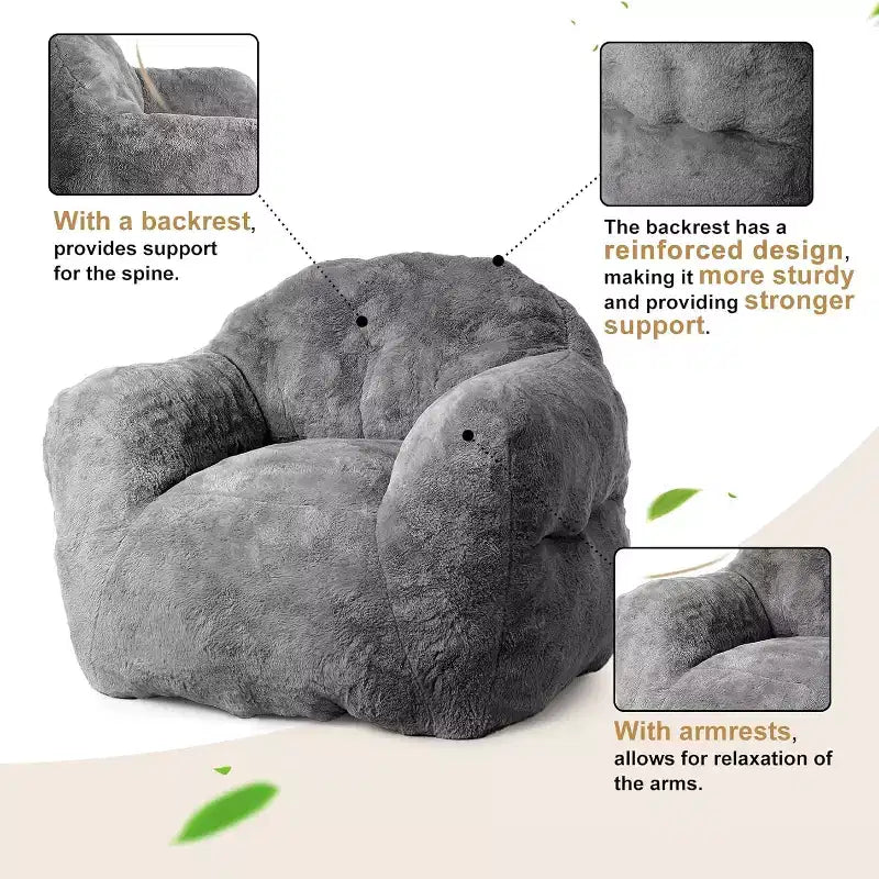 Pouf en fausse fourrure pour adultes et enfants, canapé rembourré de mousse haute densité avec accoudoirs pour salon, salle de jeux et dortoir
