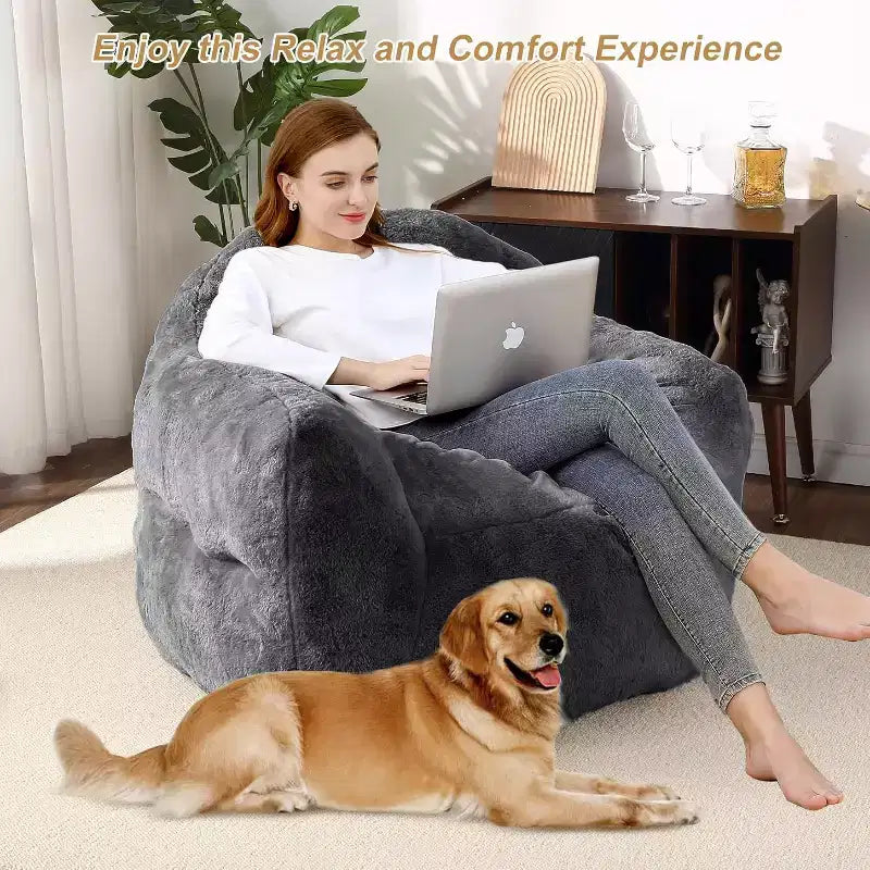 Pouf en fausse fourrure pour adultes et enfants, canapé rembourré de mousse haute densité avec accoudoirs pour salon, salle de jeux et dortoir