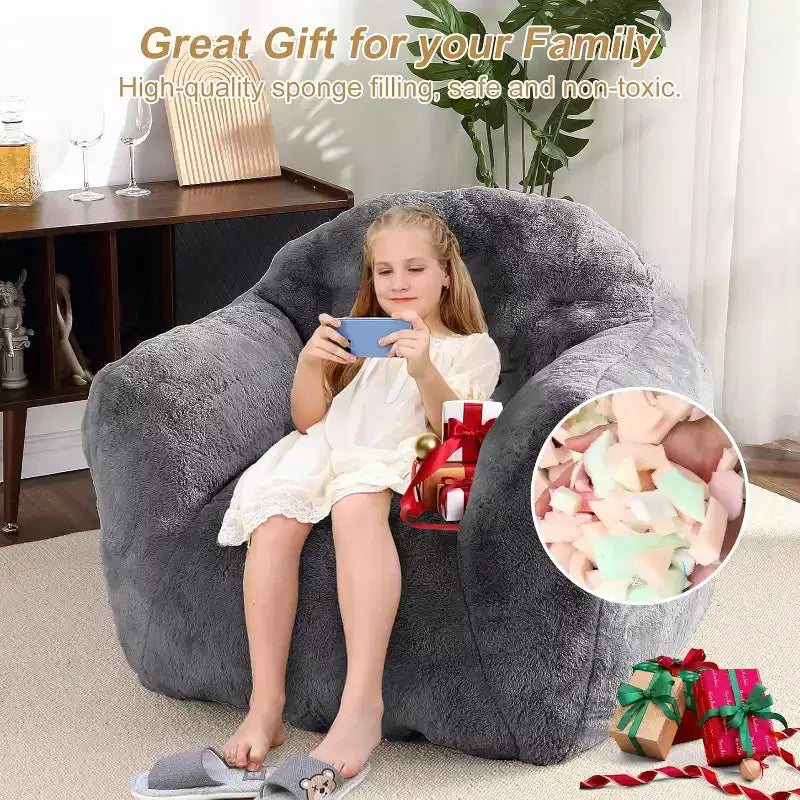 Pouf en fausse fourrure pour adultes et enfants, canapé rembourré de mousse haute densité avec accoudoirs pour salon, salle de jeux et dortoir