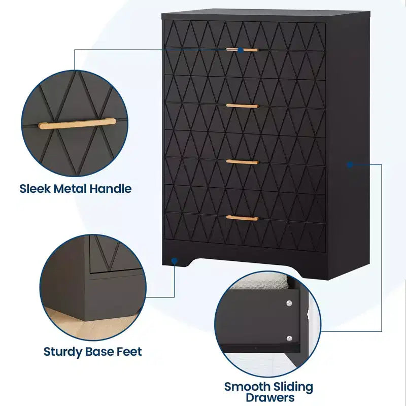 Commode à 4 tiroirs avec poignées dorées, petite commode de rangement pour chambre à coucher, salon, dressing