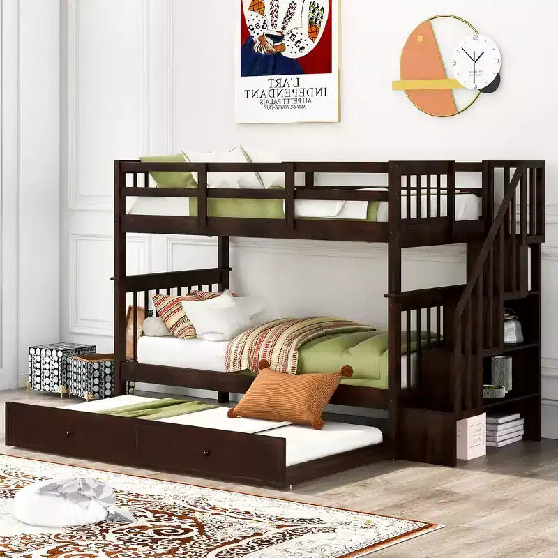 Whisen Twin-Over-Twin Bunk Bed with Trundle and Stairway Maximized Storage Space