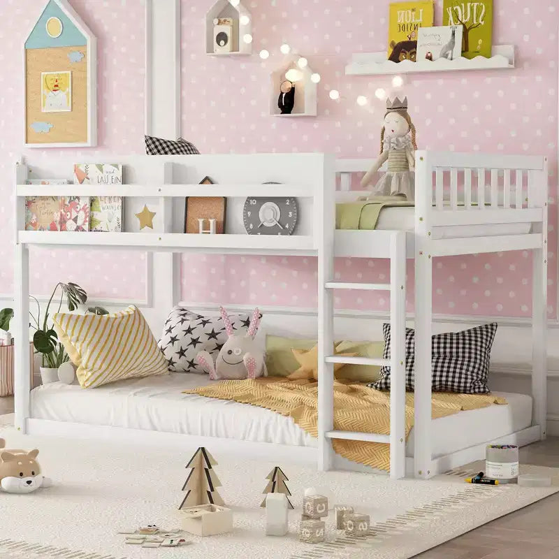 Twin Over Twin Floor Bunk Bed with Ladder Solid Wood Bunk Bed for Kids & Juniors - ModernLuxe