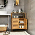 Meuble de rangement à deux portes en bambou pour salle de bain avec étagère ouverte