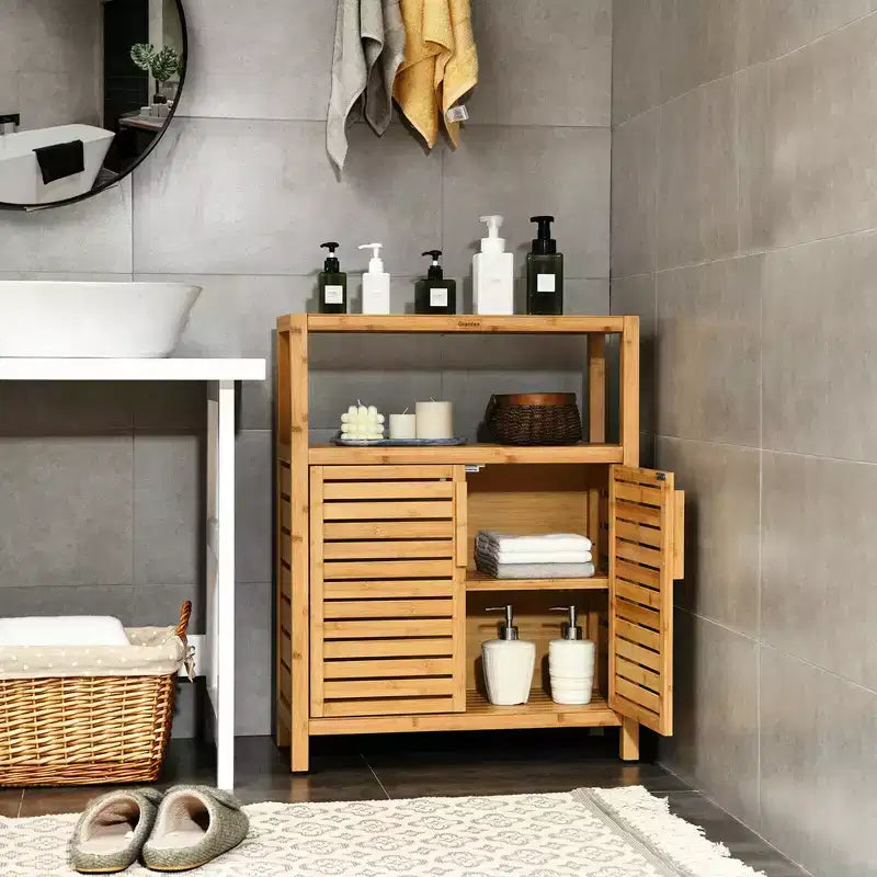 Meuble de rangement à deux portes en bambou pour salle de bain avec étagère ouverte