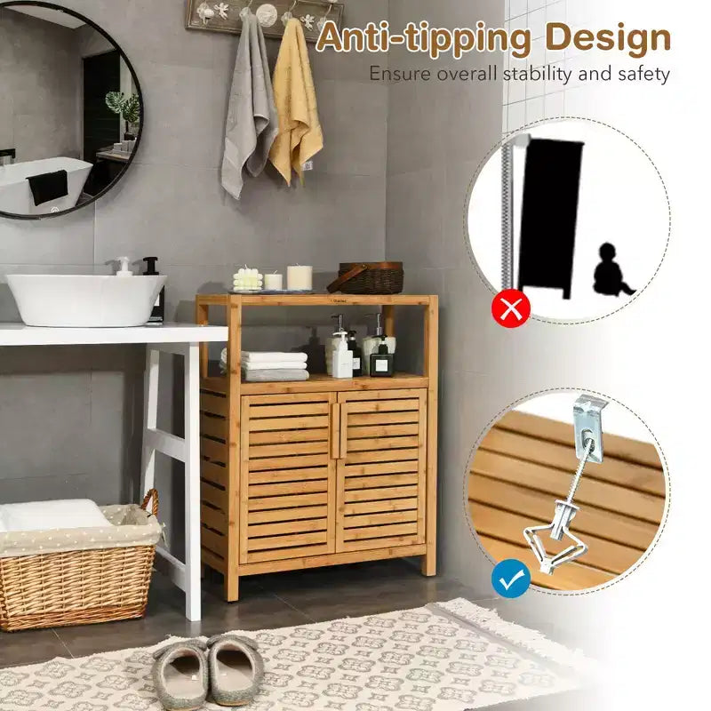 Meuble de rangement à deux portes en bambou pour salle de bain avec étagère ouverte