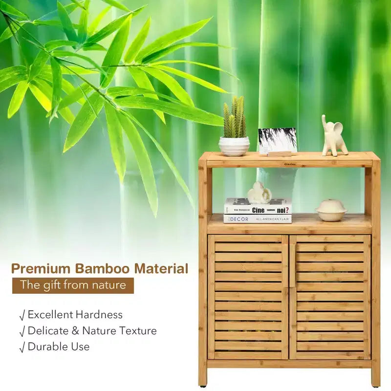 Meuble de rangement à deux portes en bambou pour salle de bain avec étagère ouverte