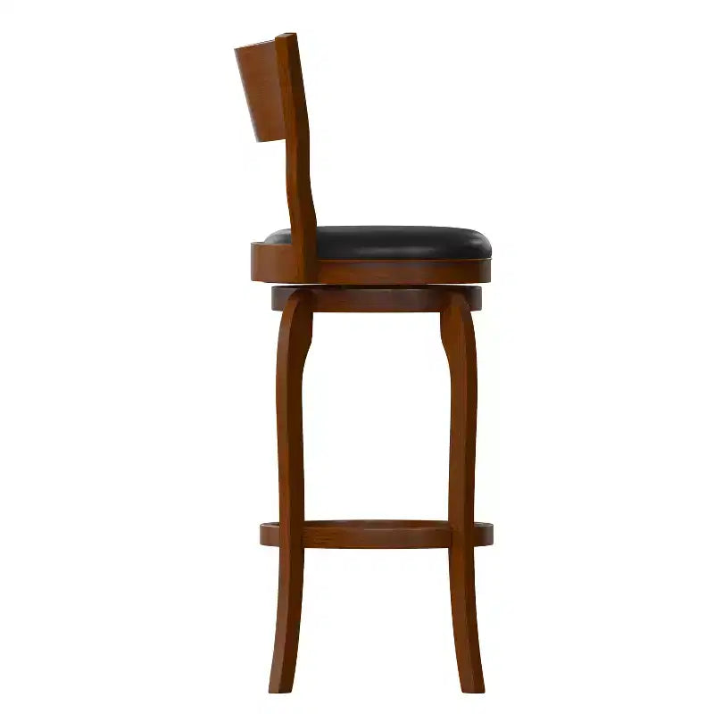Tabouret de bar pivotant classique en bois à dossier ouvert avec siège rembourré et repose-pieds intégré