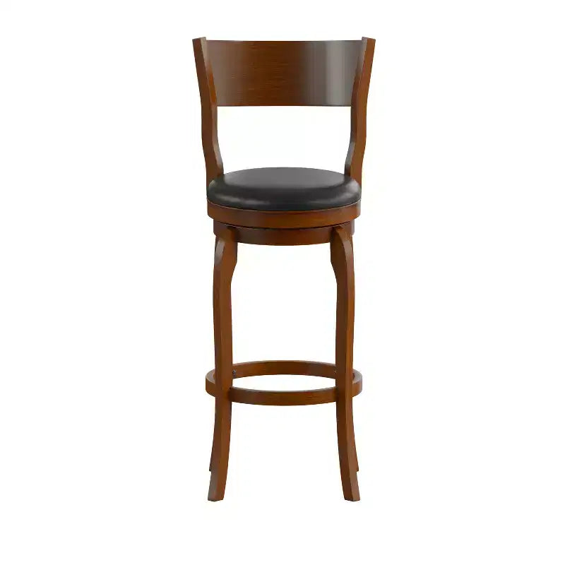 Tabouret de bar pivotant classique en bois à dossier ouvert avec siège rembourré et repose-pieds intégré