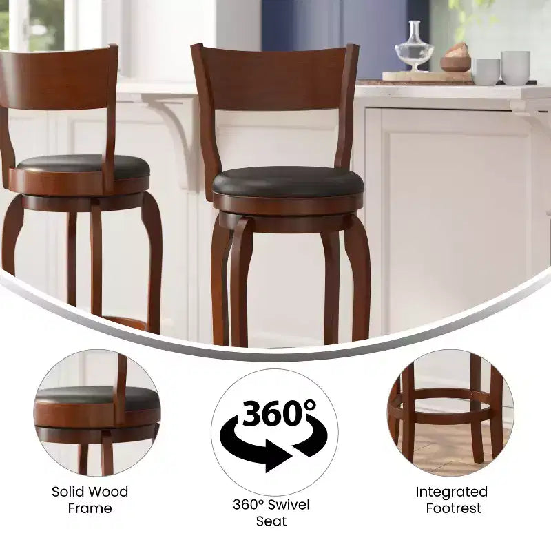 Tabouret de bar pivotant classique en bois à dossier ouvert avec siège rembourré et repose-pieds intégré