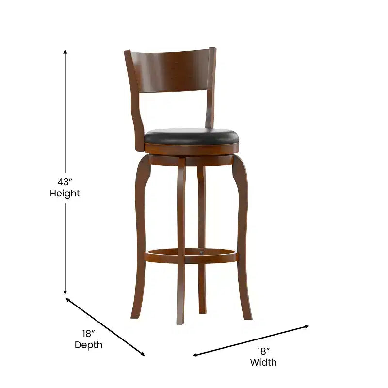 Tabouret de bar pivotant classique en bois à dossier ouvert avec siège rembourré et repose-pieds intégré